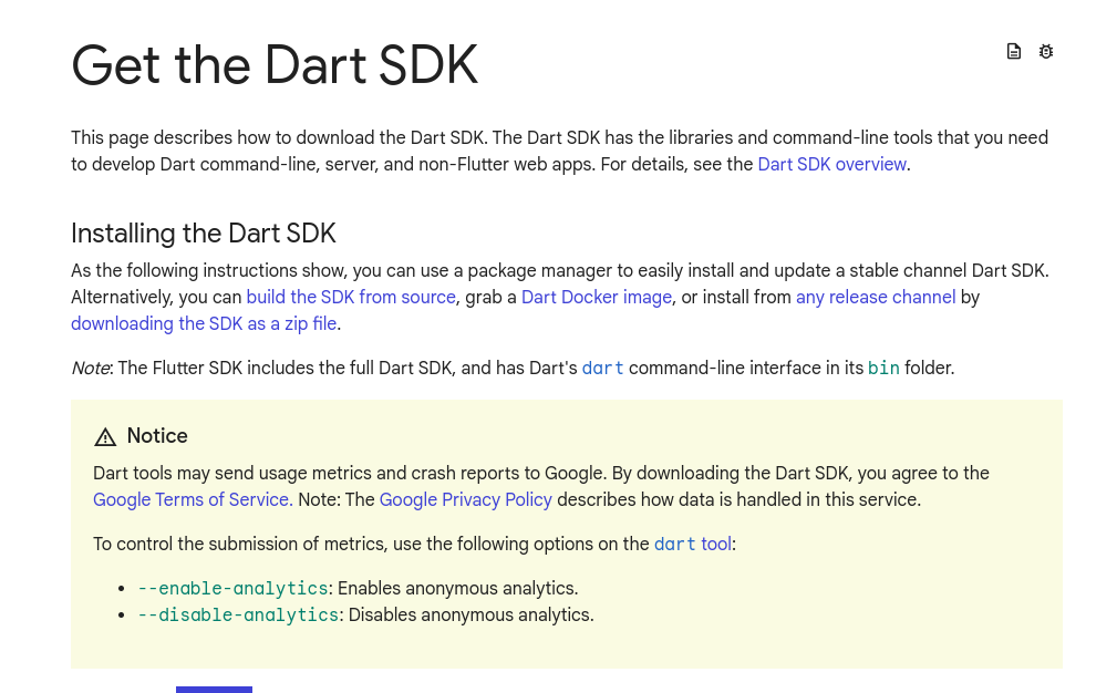 Dart SDK website screenshot